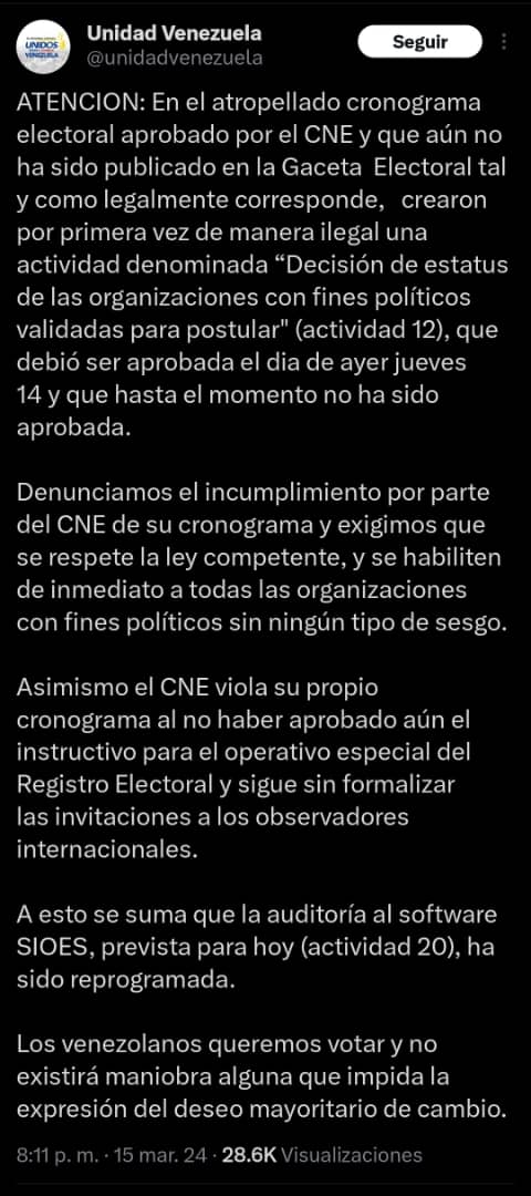 Plataforma Unitaria denuncia que el CNE viola su propio cronograma