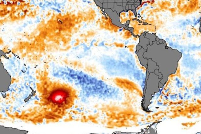 La "mancha caliente": la masa de agua cálida que apareció en el Pacífico cerca de Nueva Zelanda y se "mueve" a Suramérica