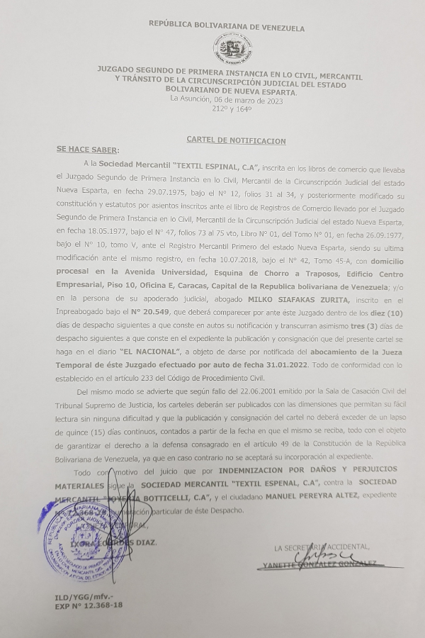 Cartel de Notificación Sociedad Mercantil Textil Espinal, C.A.