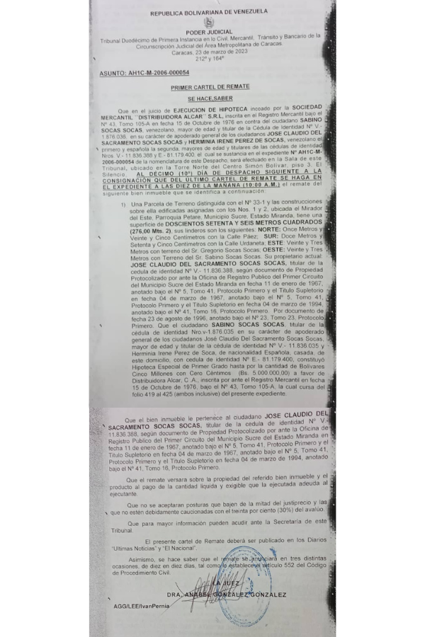 Primer Cartel de Remate Ejecución de Hipoteca Sociedad Mercantil Distribuidora Alcar S.R.L
