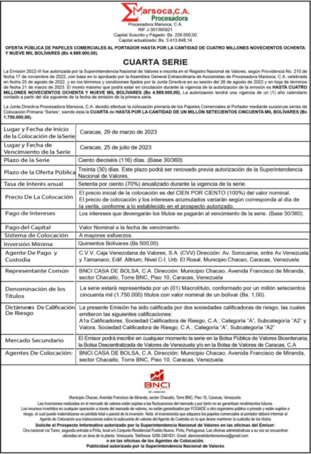 Oferta Pública de Papeles Comerciales - Cuarta Serie - Procesadora Marsoca, C.A