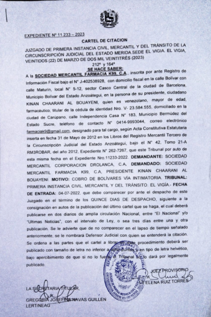Cartel de Citación Sociedad Mercantil Farmacia K99, C.A.