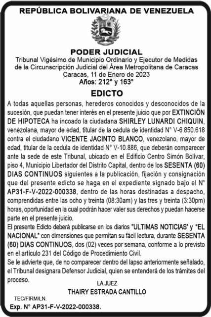 Edicto Extinción de Hipoteca Shirley Lunardi Chiquin