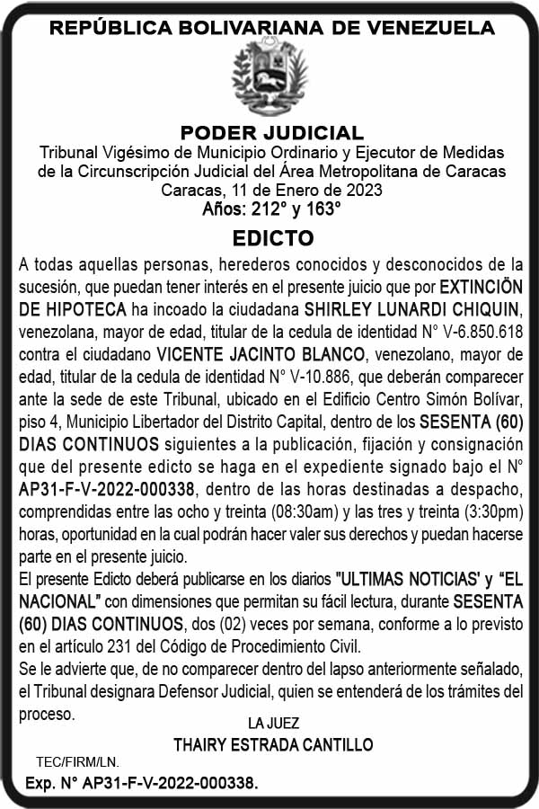 Edicto Extinción de Hipoteca Shirley Lunardi Chiquin