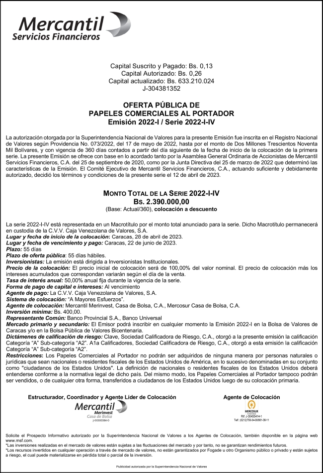 Oferta Pública de Papeles Comerciales Emisión 2022-I Serie 2022-I-IV Mercantil Servicios Financieros