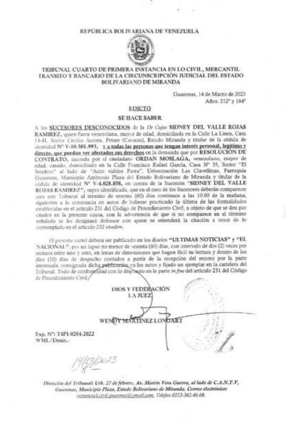 Edicto Sucesores Desconocidos Sidney Del Valle Rojas Ramirez