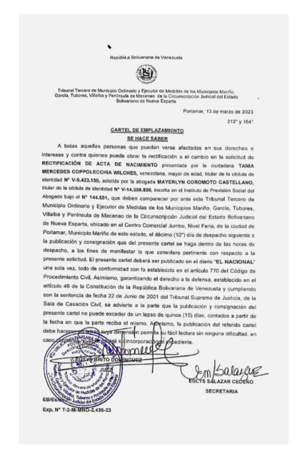Cartel de Emplazamiento Rectificación de Acta de Nacimiento Tania Mercedes Coppolecchia Wilches