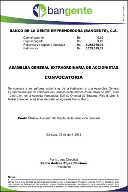 Convocatoria Asamblea Gral. Extraordinaria de Accionistas Bangente