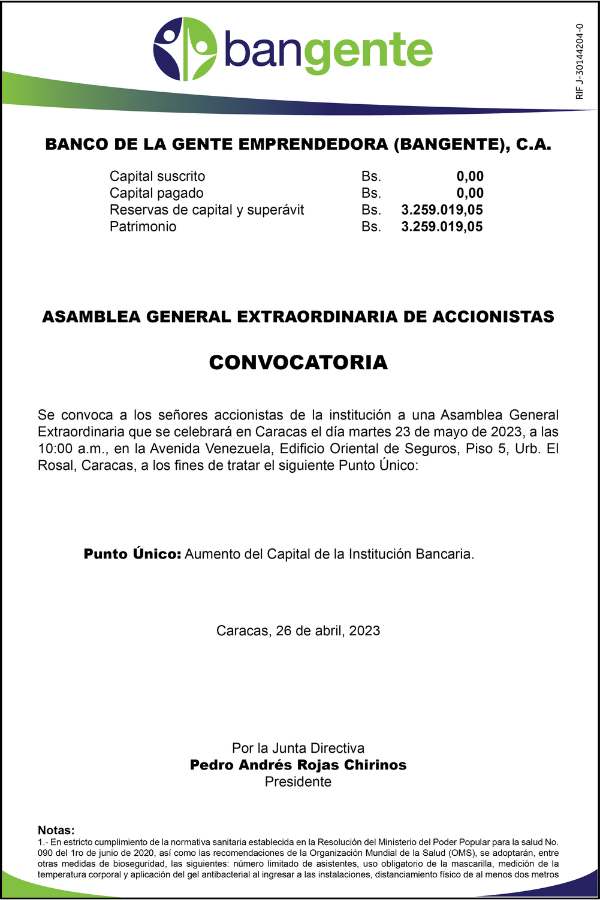 Convocatoria Asamblea Gral. Extraordinaria de Accionistas Bangente (3)