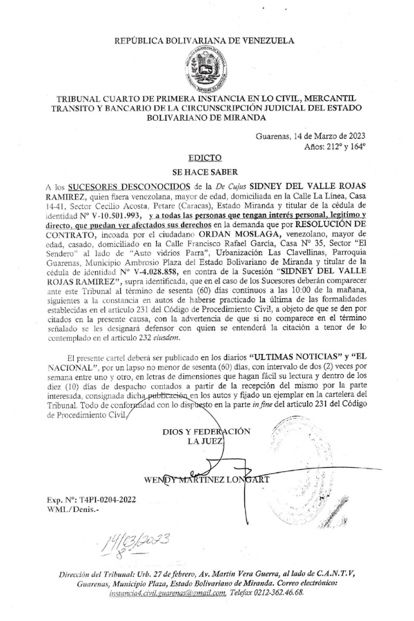 Edicto Sucesores Desconocidos Sidney Del Valle Rojas Ramirez