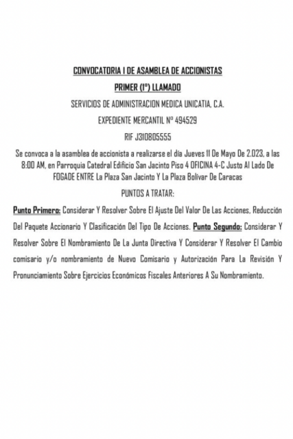 Convocatoria Asamblea de Accionistas 1er Llamado Servicios de Administración Médica Unicatia, C.A.