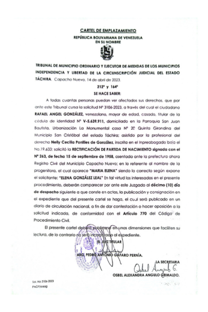 Cartel de Emplazamiento Rafael Ángel González
