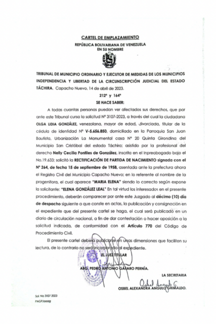 Cartel de Emplazamiento Olga Lidia González