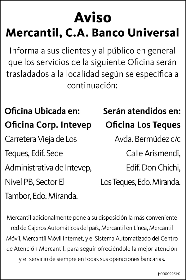 Comunicado Traslado de Oficinas Mercantil, C.A. Banco Universal