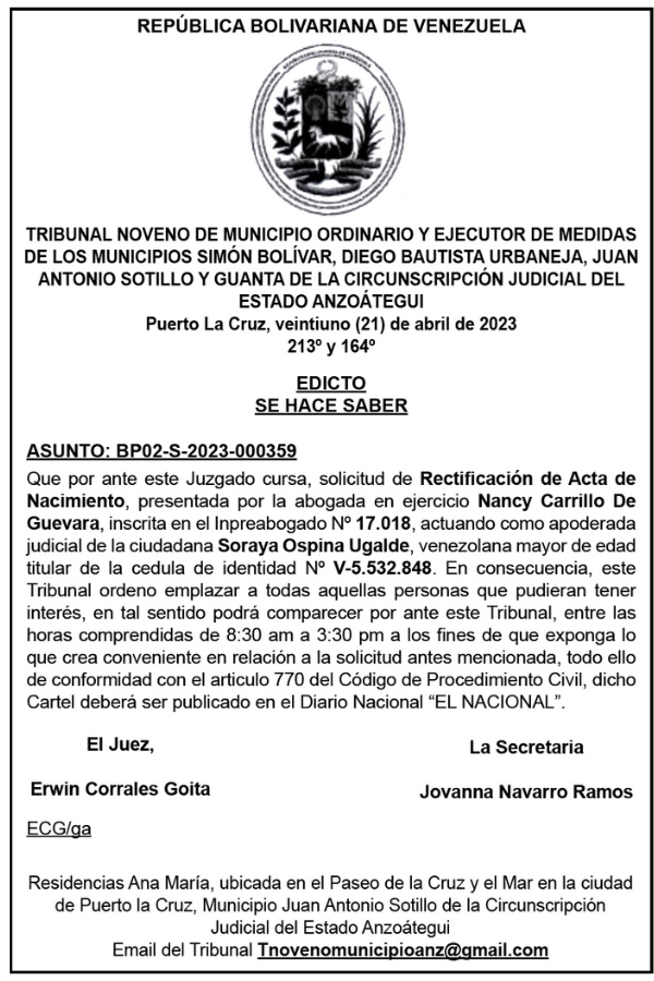 Edicto Rectificación de Acta de Nacimiento Nancy Carrillo De Guevara