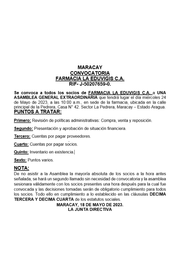 Convocatoria Asamblea Gral. Extraordinaria Farmacia La Eduvigis, C.A.