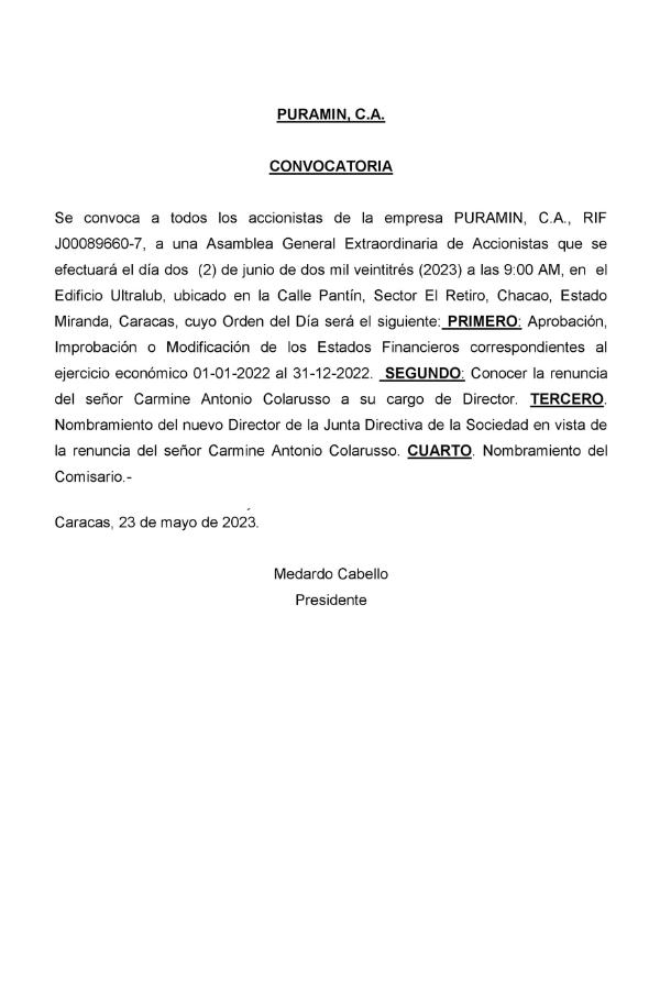 Convocatoria Asamblea Gral. Extraordinaria Puramin, C..A.