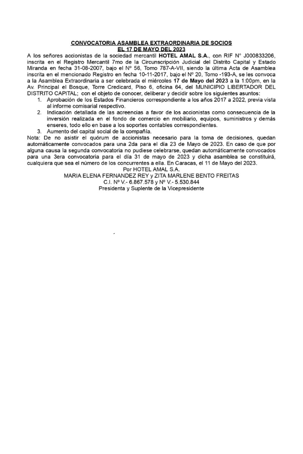 Convocatoria Asamblea Extraordinaria de Socios Hotel Amal, C.A 17052023 Corregido