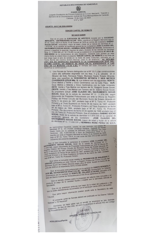 Tercer Cartel de Remate Ejecución de Hipoteca Sociedad Mercantil Distribuidora Alcar S.R.L