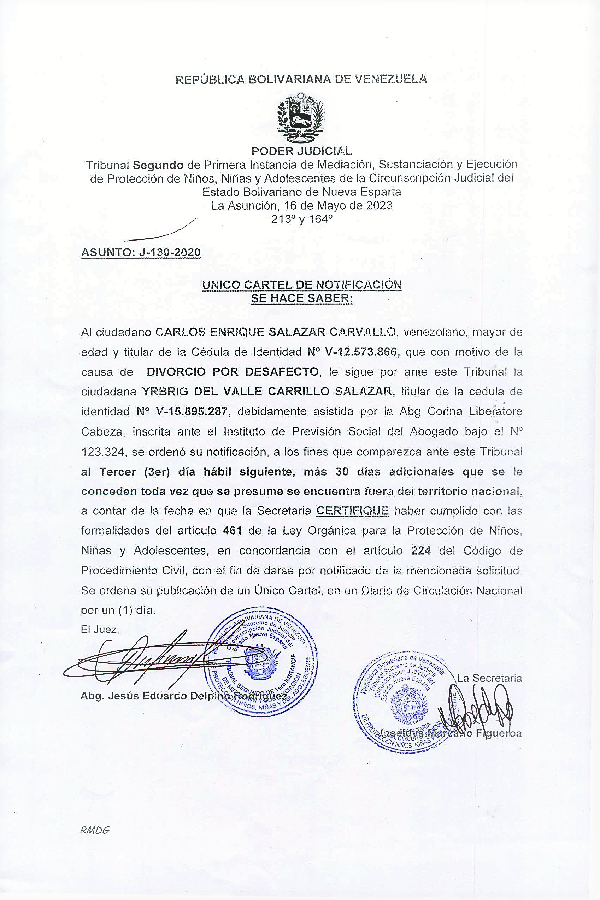 Cartel de Notificación Carlos Enrique Salazar Carvallo
