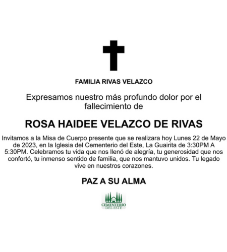Obituario Rosa Haidee Velazco De Rivas
