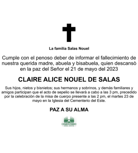 Obituario Claire Alice Nouel De Salas