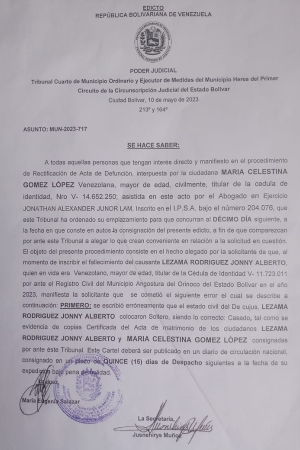 Edicto María Celestina Gomez De López