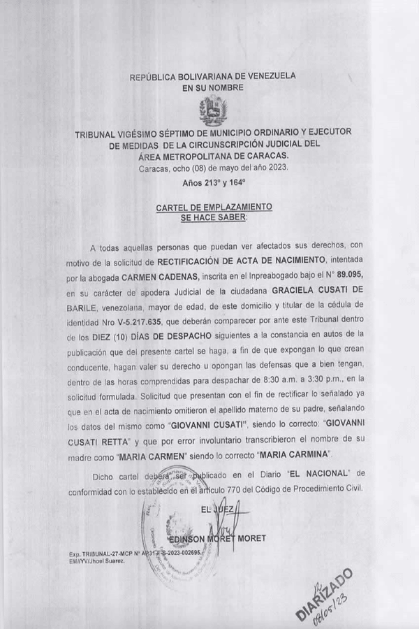 Cartel Rectificación de Acta de Nacimiento Graciela Cusati De Barile