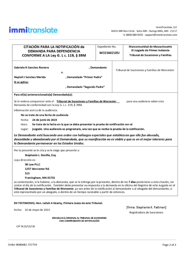 Citación para la Notificación de Demanda Immi Translate (español)