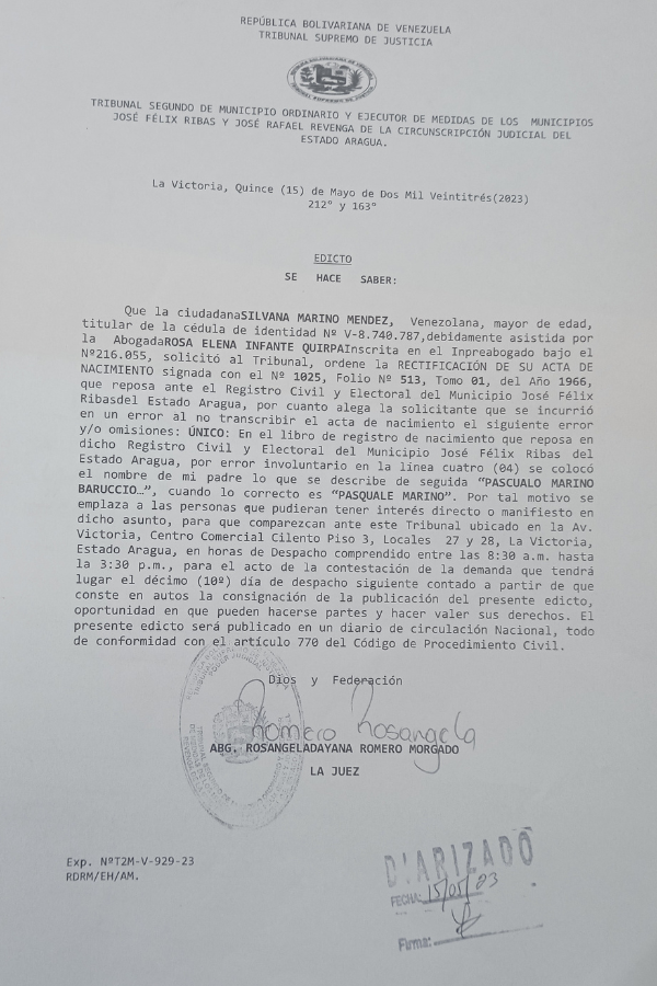 Edicto Rectificación de Acta de Nacimiento Silvana Marino Mendez