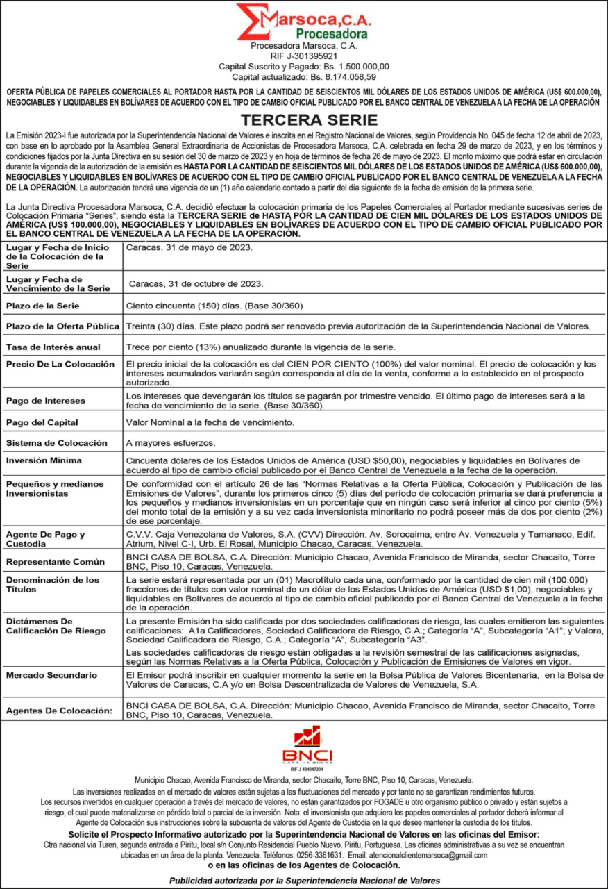 Oferta Pública de Papeles Comerciales Procesadora Marsoca, C.A. Tercera Serie