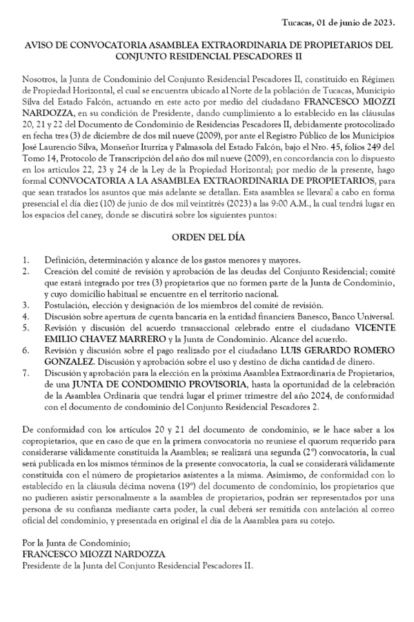 Convocatoria Asamblea Extraordinaria de Propietarios Conjunto Residencial Pescadores II