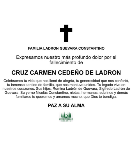 Obituario Cruz Carmen Cedeño De Ladron