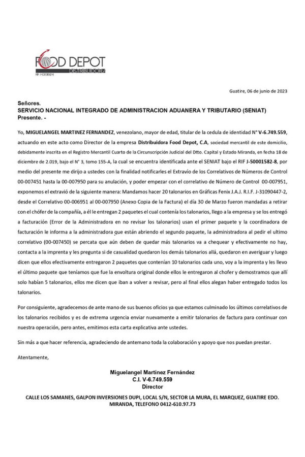 Convocatoria Distribuidora Food Depot, C.A.