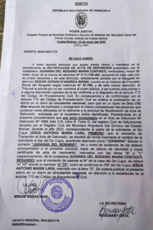 Edicto Rectificación de Acta de Defunción Juhanna Del Rosario Marín Contasti