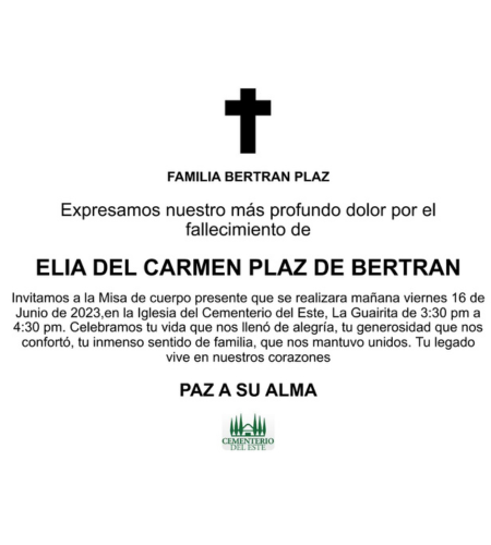 Obituario Elia Del Carmen Plaz De Bertran
