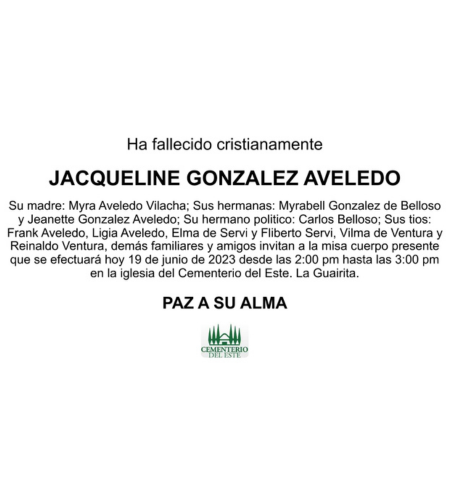 Obituario Jacqueline González Aveledo