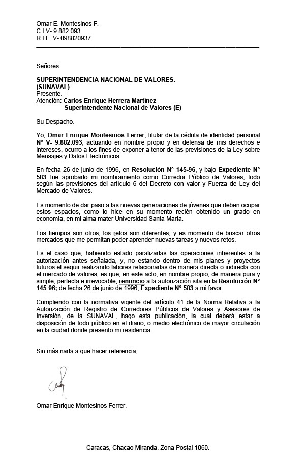 Comunicado Omar Enrique Montesinos Ferrer