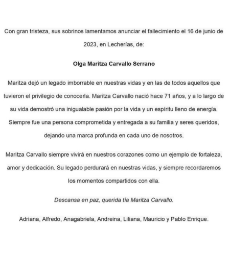 Obituario Olga Maritza Carvallo Serrano