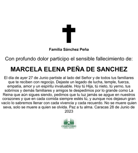 Obituario Marcela Elena Peña De Sánchez