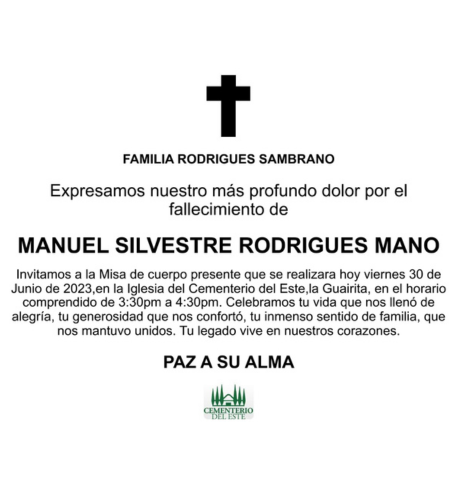Obituario Manuel Silvestre Rodrigues Mano