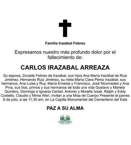Obituario Carlos Irazabal Arreaza