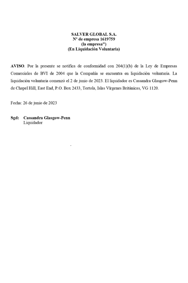 Notificación Salver Global, S.A. (Español)