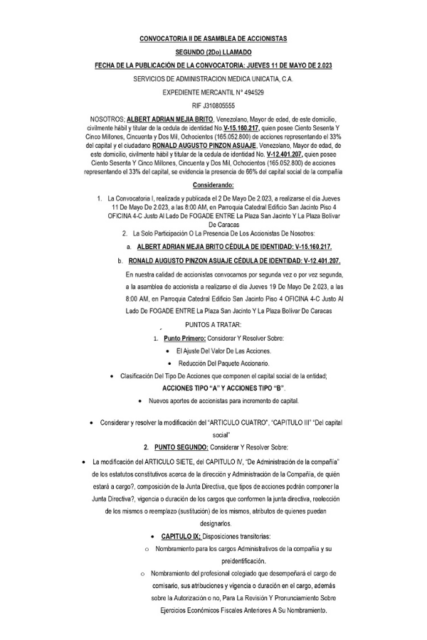 2da. Convocatoria Asamblea Servicios de Administración Médica Unicatia, C.A.