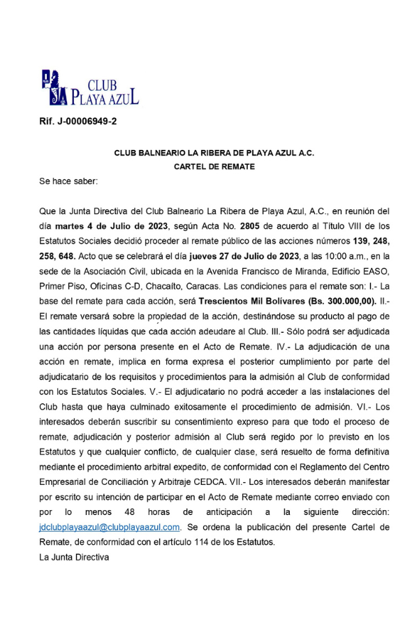 Cartel de Remate Club Balneario La Ribera de Playa Azul, A.C.