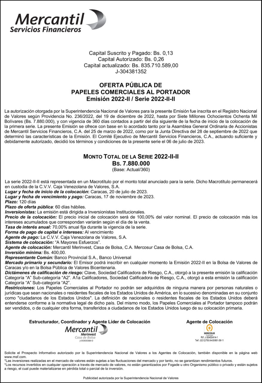 Oferta Pública de Papeles Comerciales al Portador Mercantil MSF Emisión 2022-II Serie 2022 -II-II