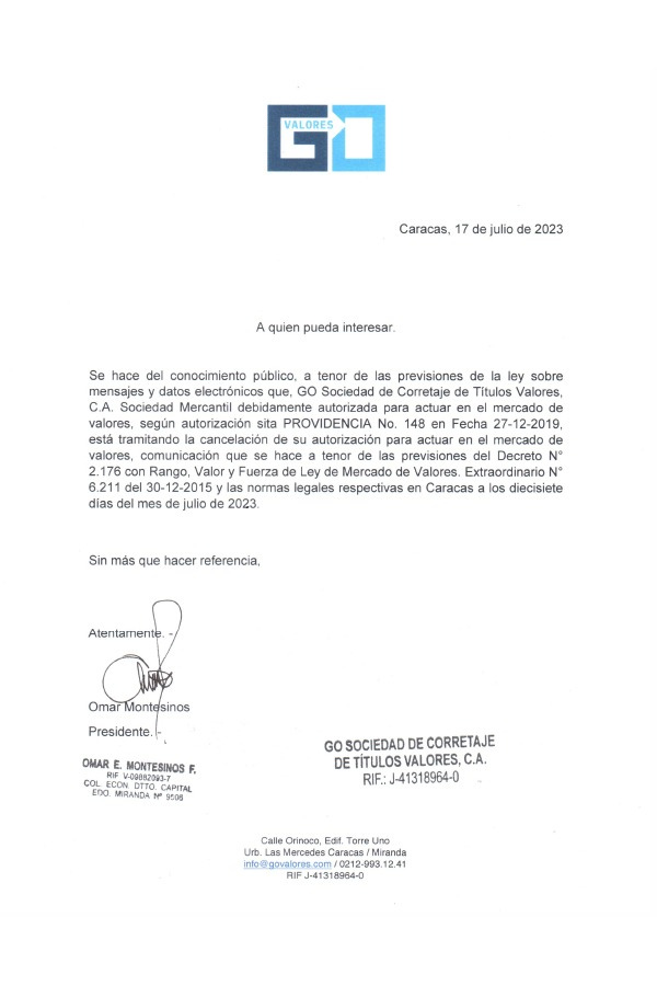 Notificación GO Sociedad de Corretaje de Títulos Valores, C.A.