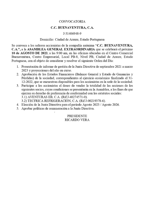 Convocatoria Asamblea Gral. Extraordinaria C.C. Buenaventura, C.A.