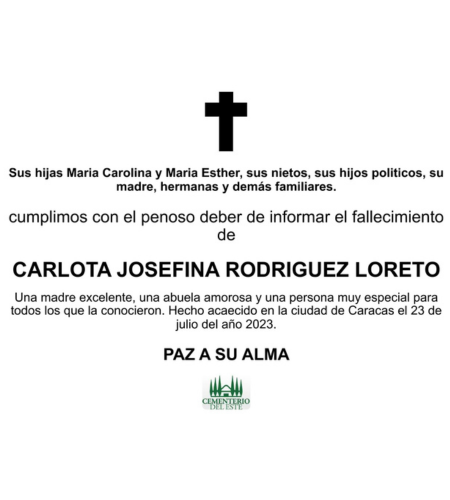 Obituario Carlota Josefina Rodriguez Loreto