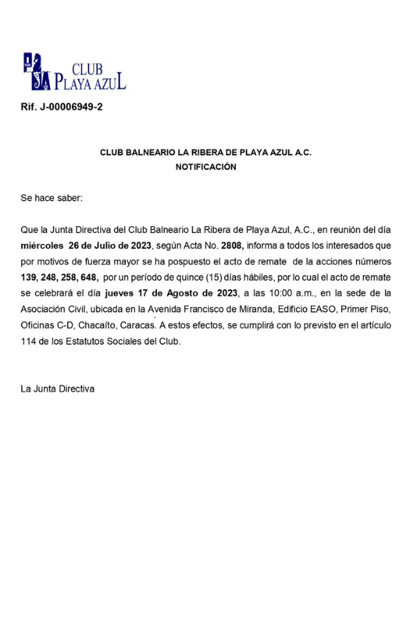 Notificación Remate de Acciones 139, 248, 258, 648 Club Balneario La Ribera de Playa Azul, A.C.